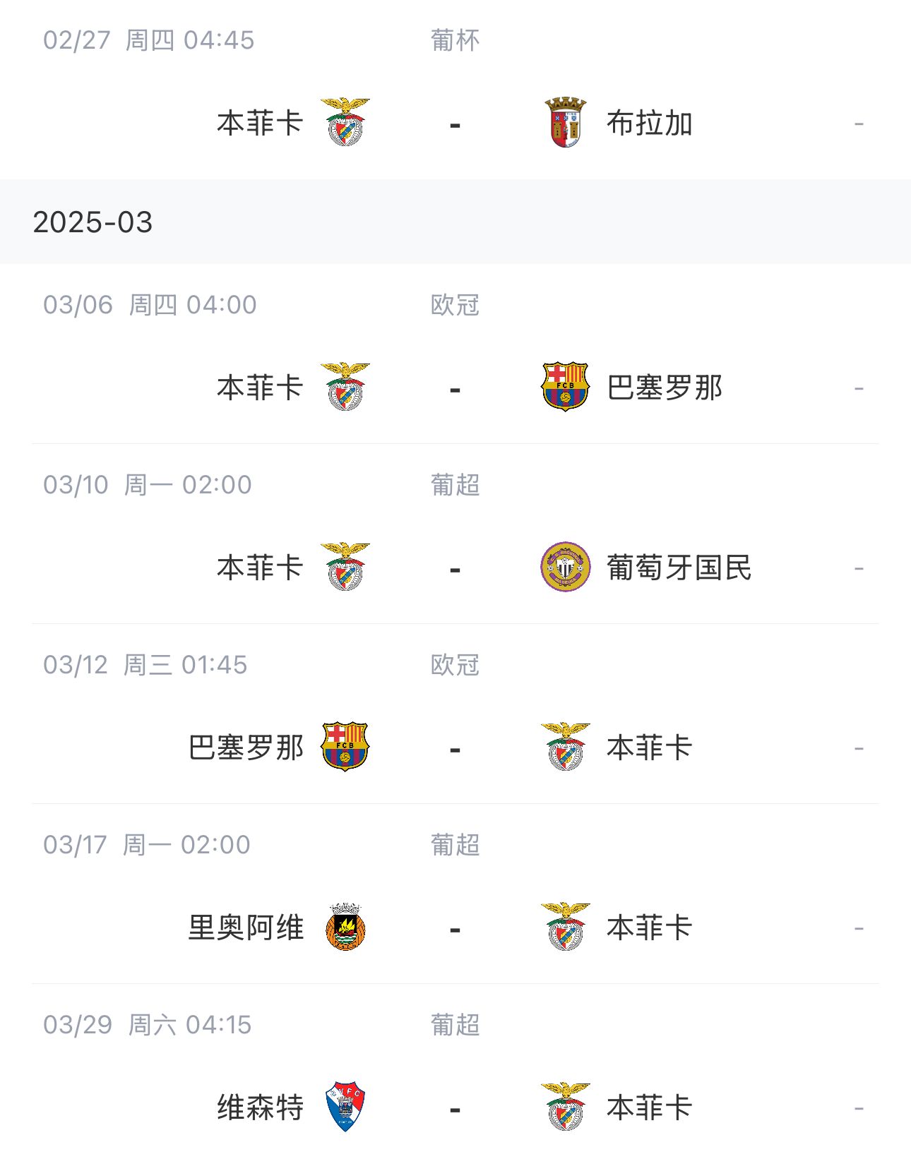 讓路歐冠！本菲卡戰(zhàn)巴薩首回合比賽前的葡超比賽推遲進行