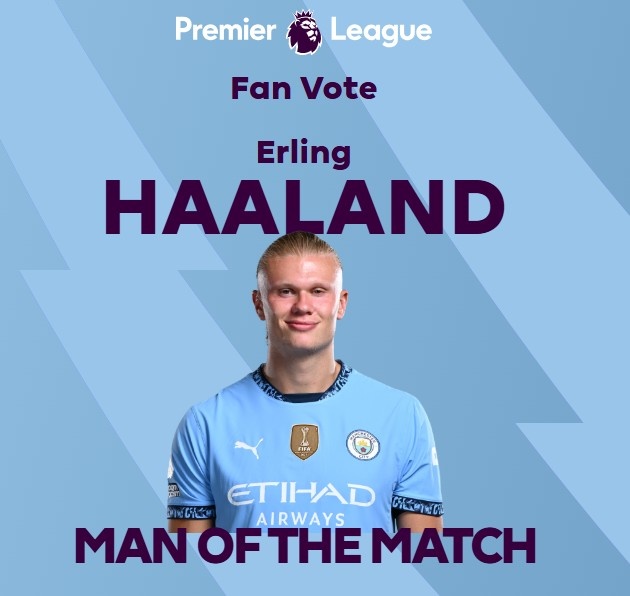 打進(jìn)致勝球！英超官方：哈蘭德當(dāng)選曼城1-0熱刺全場最佳球員